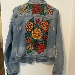 Hand-Embroidered Distressed Jean Jacket - Women’s Size Small